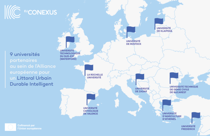 Carte des universités partenaires EU-CONEXUS : La Rochelle Université (France), L’Université Catholique de Valence (Espagne), l’Université Technique de Construction de Bucarest (Roumanie), South East Technological University (Irlande) et les universités de Zadar (Croatie), d’Athènes (Grèce), de Klaipeda (Lituanie), de Rostock (Allemagne) et de Frederick (Chypre).