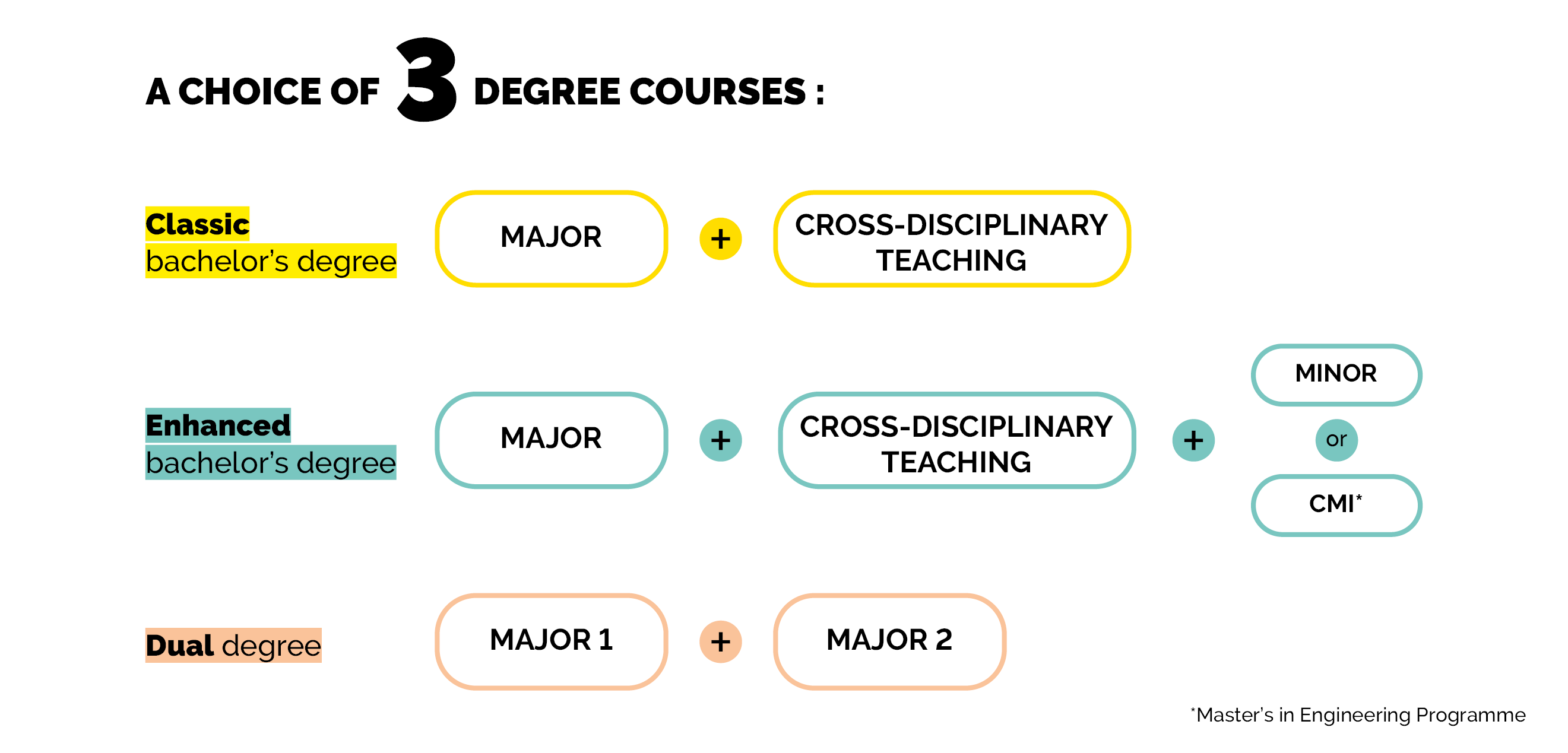 There are 3 degree courses at La Rochelle University. The classic bachelor's degree: concentrates on the courses in the major and 1 cross-disciplinary course. Enhanced bachelor's degree: includes the classic bachelor's degree courses to which can be added a personalisation of your choice from among: a minor or the Master's Degree in Engineering (CMI). Dual degree: includes courses in two different majors.